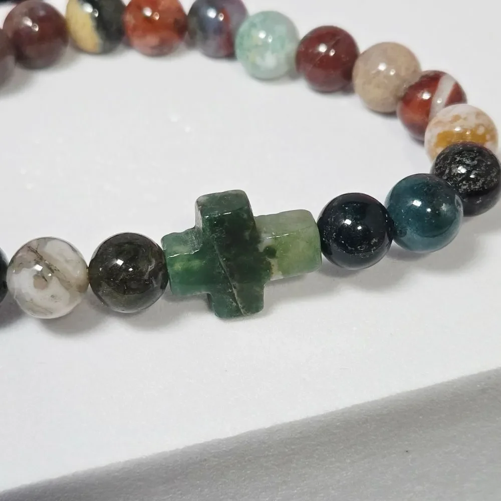Natural Indian Agate Green Aventurine Cross Stretch Bracelet Christian Gift